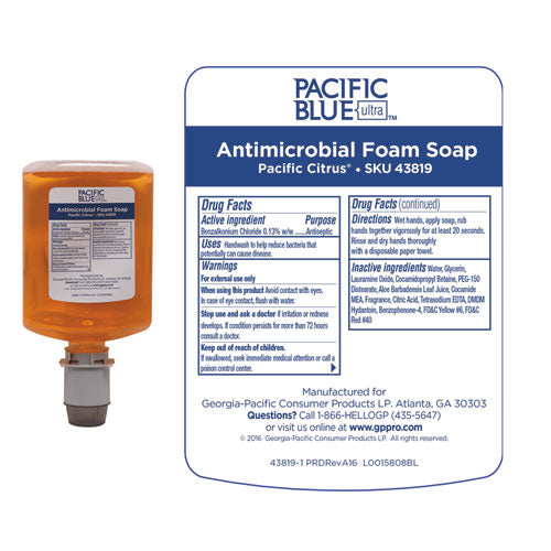 Image of Georgia Pacific® Professional Pacific Blue Ultra Foam Soap Manual Dispenser Refill, Antimicrobial, Pacific Citrus Scent, 1,200 mL, 4/Carton