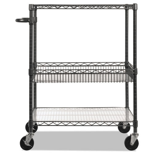 Image of Alera® Three-Tier Wire Cart with Basket, Metal, 2 Shelves, 1 Bin, 500 lb Capacity, 34" x 18" x 40", Black Anthracite
