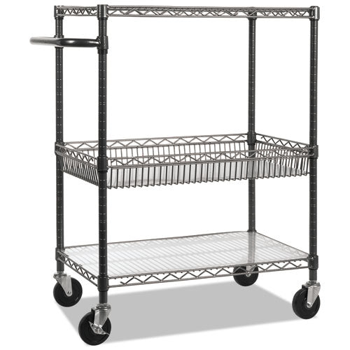 Image of Alera® Three-Tier Wire Cart with Basket, Metal, 2 Shelves, 1 Bin, 500 lb Capacity, 34" x 18" x 40", Black Anthracite