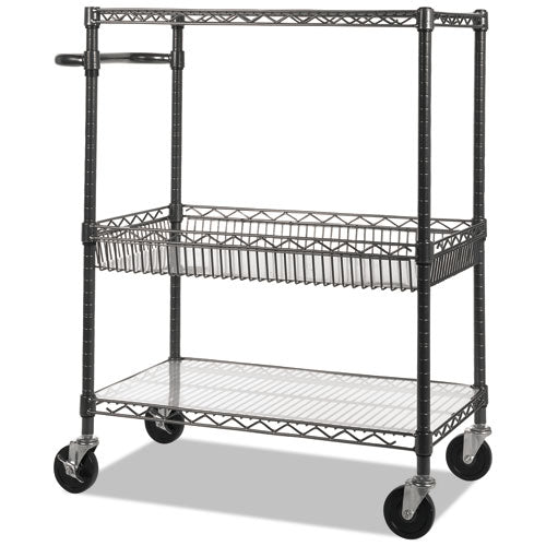 Image of Alera® Three-Tier Wire Cart with Basket, Metal, 2 Shelves, 1 Bin, 500 lb Capacity, 34" x 18" x 40", Black Anthracite