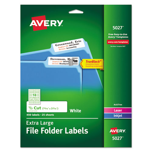 Image of Avery® Extra-Large Trueblock File Folder Labels With Sure Feed Technology, 0.94 X 3.44, White, 18/sheet, 25 Sheets/pack