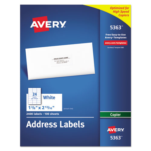 Image of Avery® Copier Mailing Labels, Copiers, 1.38 X 2.81, White, 24/sheet, 100 Sheets/box