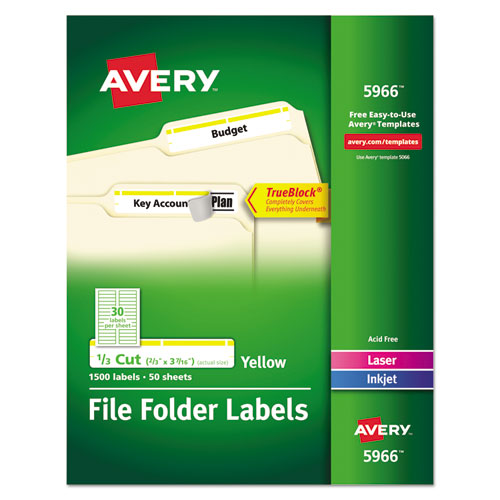 Image of Avery® Permanent TrueBlock File Folder Labels with Sure Feed Technology, 0.66 x 3.44, Yellow/White, 30/Sheet, 50 Sheets/Box