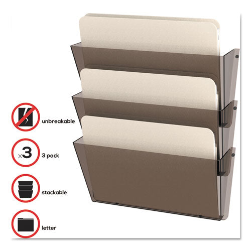 Image of deflecto® Unbreakable DocuPocket Wall File, 3 Sections, Letter Size, 14.5" x 3" x 6.5", Smoke, 3/Pack
