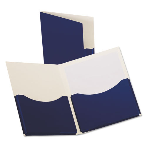 Image of Oxford Double Stuff Gusseted 2-Pocket Laminated Paper Folder, 200-Sheet Capacity, 11 X 8.5, Navy, 20/box