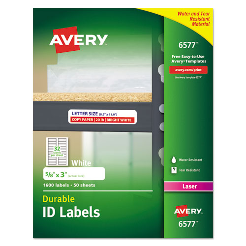Image of Avery® Durable Permanent Id Labels With Trueblock Technology, Laser Printers, 0.63 X 3, White, 32/sheet, 50 Sheets/pack