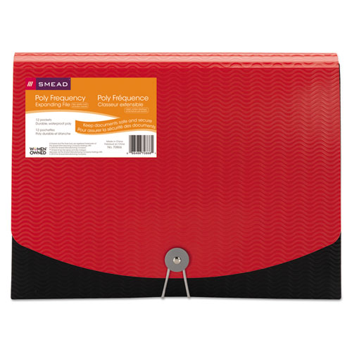 Image of Smead 12-Pocket Poly Expanding File, 0.88" Expansion, 12 Sections, Cord/Hook Closure, 1/6-Cut Tabs, Letter Size, Black/Red