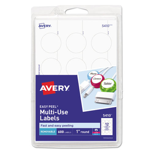 Image of Avery® Removable Multi-Use Labels, Inkjet/Laser Printers, 1" dia, White, 12/Sheet, 50 Sheets/Pack, (5410)