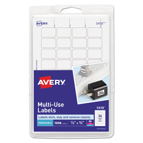 Image of Avery® Removable Multi-Use Labels, Inkjet/laser Printers, 0.5 X 0.75, White, 36/sheet, 28 Sheets/pack, (5418)