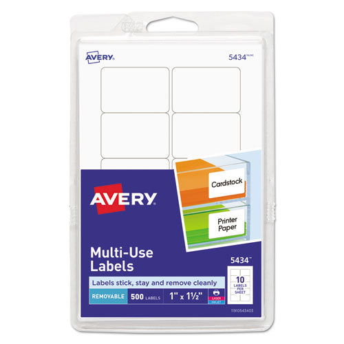 Image of Avery® Removable Multi-Use Labels, Inkjet/laser Printers, 1 X 1.5, White, 10/sheet, 50 Sheets/pack, (5434)
