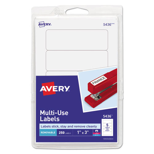 Image of Avery® Removable Multi-Use Labels, Inkjet/laser Printers, 1 X 3, White, 5/sheet, 50 Sheets/pack, (5436)