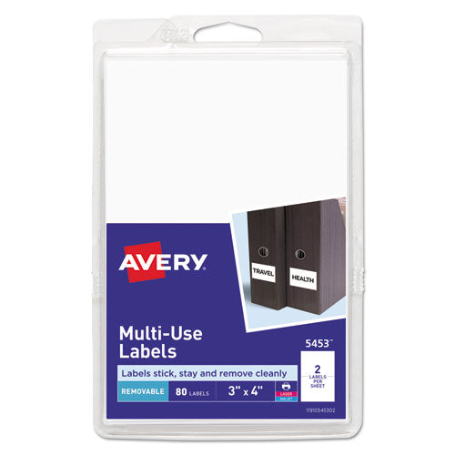 Image of Avery® Removable Multi-Use Labels, Inkjet/laser Printers, 3 X 4, White, 2/sheet, 40 Sheets/pack, (5453)
