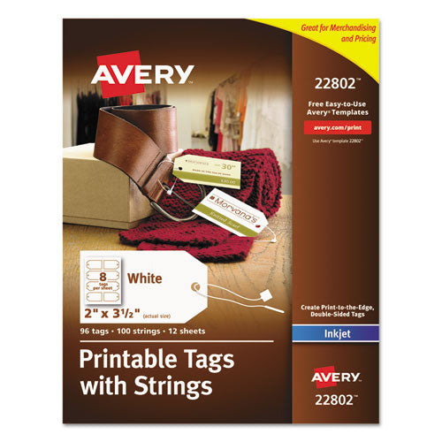 Image of Avery® Printable Rectangular Tags with Strings, 2 x 3.5, Matte White, 96/Pack