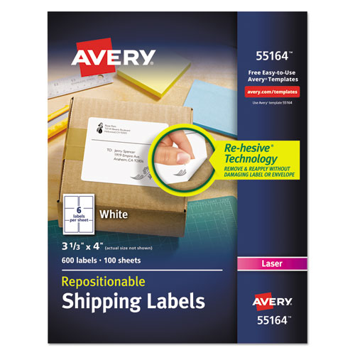 Image of Avery® Repositionable Shipping Labels w/SureFeed, Laser, 3.33 x 4, White, 600/Box