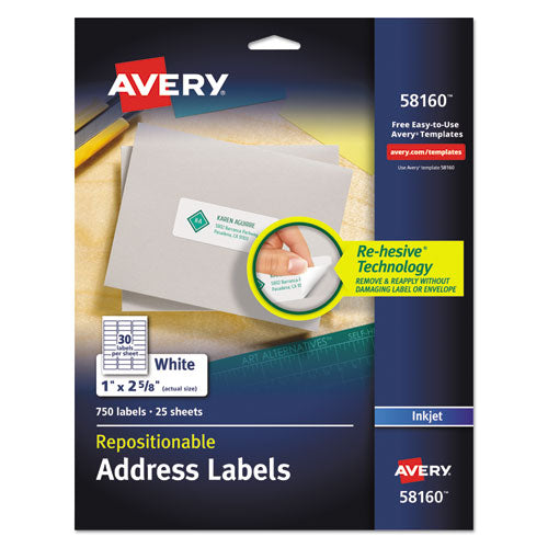 Image of Avery® Repositionable Address Labels w/SureFeed, Inkjet/Laser, 1 x 2.63, White, 750/BX