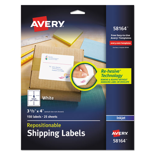 Image of Avery® Repositionable Shipping Labels w/SureFeed, Inkjet, 3.33 x 4, White, 150/Box