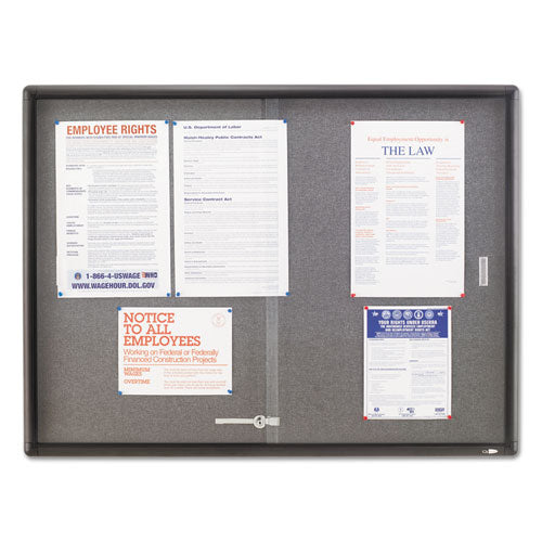 Image of Quartet® Enclosed Indoor Cork/Fabric Bulletin Board with 2 Sliding Glass Doors, 48" x 36", Gray Surface, Graphite Gray Aluminum Frame