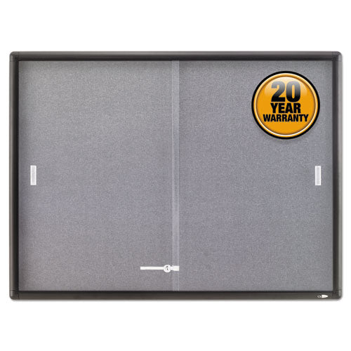 Image of Quartet® Enclosed Indoor Cork/Fabric Bulletin Board with 2 Sliding Glass Doors, 48" x 36", Gray Surface, Graphite Gray Aluminum Frame