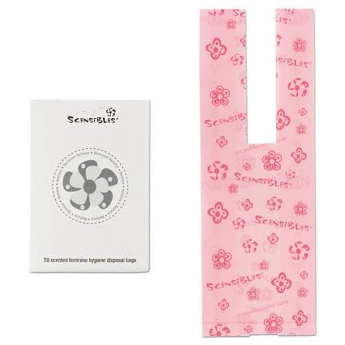 Image of HOSPECO® Scensibles Personal Disposal Bags, 3.38" x 2" x 9.75", Pink, 50 Bags/Box, 24 Boxes/Carton