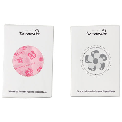 Image of HOSPECO® Scensibles Personal Disposal Bags, 3.38" x 2" x 9.75", Pink, 50 Bags/Box, 24 Boxes/Carton
