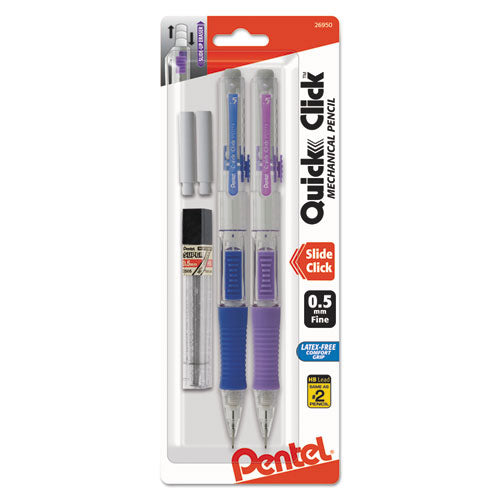 Image of Pentel® QUICK CLICK Mechanical Pencils with Tube of Lead/Erasers, 0.5 mm, HB (#2), Black Lead, Assorted Barrel Colors, 2/Pack