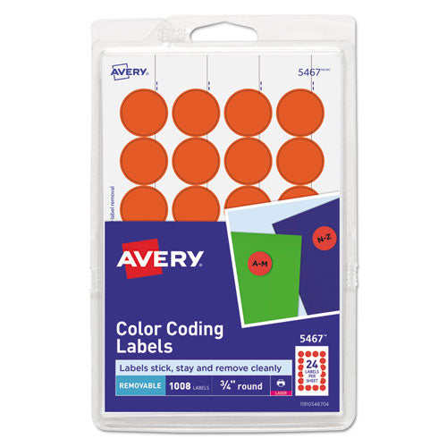 Image of Avery® Printable Self-Adhesive Removable Color-Coding Labels, 0.75" dia, Neon Red, 24/Sheet, 42 Sheets/Pack, (5467)