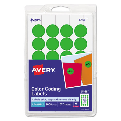 Image of Avery® Printable Self-Adhesive Removable Color-Coding Labels, 0.75" dia, Neon Green, 24/Sheet, 42 Sheets/Pack, (5468)