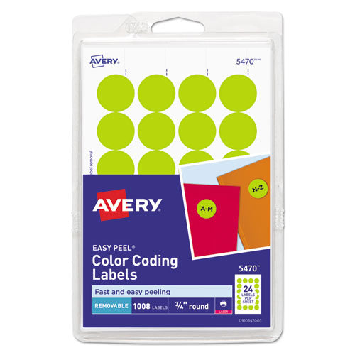 Image of Avery® Printable Self-Adhesive Removable Color-Coding Labels, 0.75" dia, Neon Yellow, 24/Sheet, 42 Sheets/Pack, (5470)