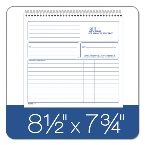 Image of TOPS Bill for Services Rendered Book, Two-Part Carbonless, 8.5 x 7.75, 50 Forms Total