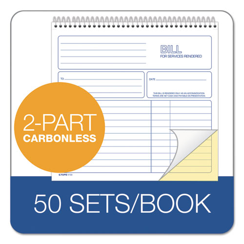 Image of TOPS Bill for Services Rendered Book, Two-Part Carbonless, 8.5 x 7.75, 50 Forms Total