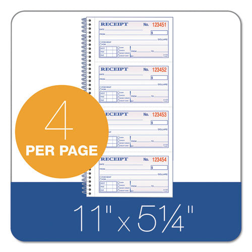 Image of TOPS Spiralbound Money and Rent Receipt Book, Two-Part Carbonless, 4.75 x 2.75, 4 Forms/Sheet, 200 Forms Total