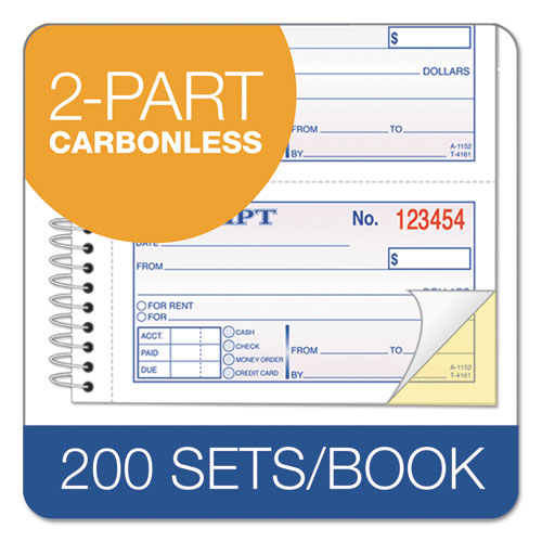 Image of TOPS Spiralbound Money and Rent Receipt Book, Two-Part Carbonless, 4.75 x 2.75, 4 Forms/Sheet, 200 Forms Total