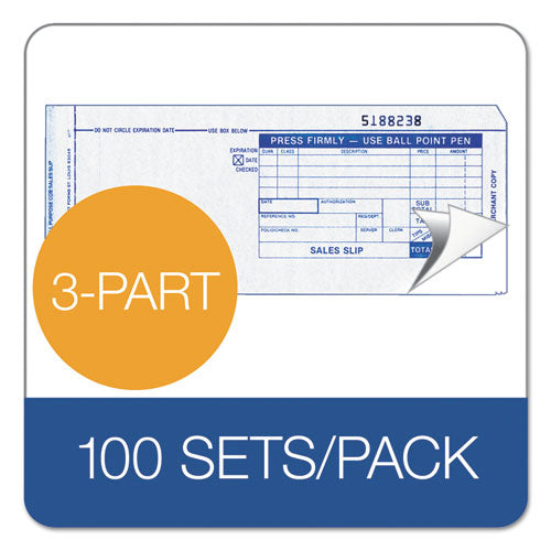 Image of TOPS Credit Card Sales Slip, Three-Part Carbonless, 7.78 x 3.25, 100 Forms Total