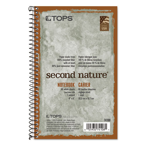 Image of TOPS Second Nature Single Subject Wirebound Notebooks, Narrow Rule, Green Cover, (80) 8 x 5 Sheets