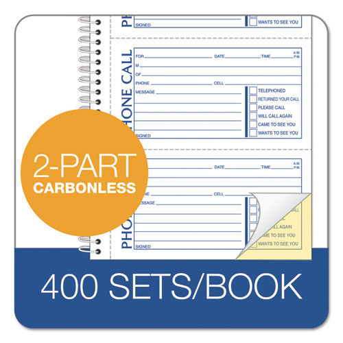 Image of TOPS Second Nature Phone Call Book, Two-Part Carbonless, 5 x 2.75, 4 Forms/Sheet, 400 Forms Total