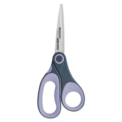 Image of Westcott® Non-Stick Titanium Bonded Scissors, 8" Long, 3.25" Cut Length, Straight Gray/Purple Handle