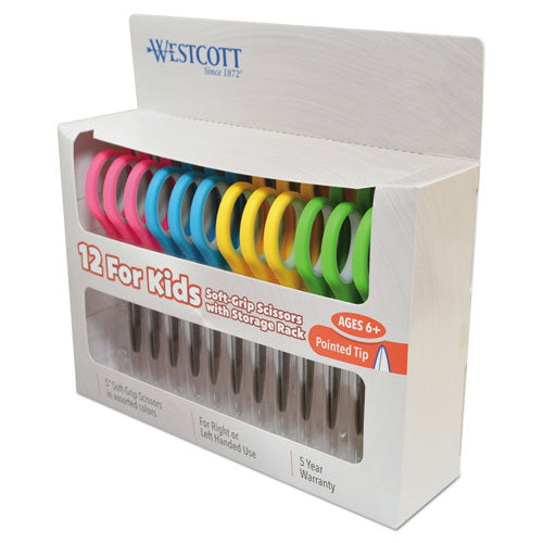 Image of Westcott® Soft Handle Kids Scissors, Pointed Tip, 5" Long, 1.75" Cut Length, Straight Assorted Color Handles, 12/Pack