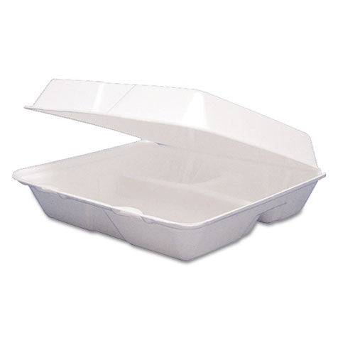Image of Dart® Foam Hinged Lid Containers, 3 Compartments, 9.25 x 9.5 x 3, White, 100/Sleeve, 2 Sleeves/Carton