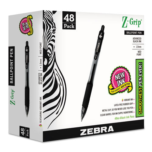 Image of Zebra® Z-Grip Ballpoint Pen, Retractable, Medium 1 mm, Black Ink, Clear/Black Barrel, 48/Pack