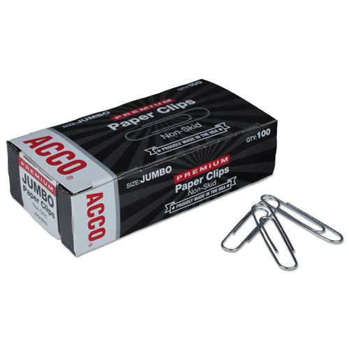 Image of ACCO Premium Heavy-Gauge Wire Paper Clips, Jumbo, Nonskid, Silver, 100 Clips/Box, 10 Boxes/Pack