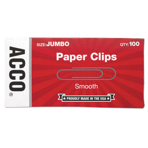 Image of ACCO Paper Clips, Jumbo, Smooth, Silver, 100 Clips/Box, 10 Boxes/Pack