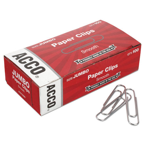 Image of ACCO Paper Clips, Jumbo, Smooth, Silver, 100 Clips/Box, 10 Boxes/Pack