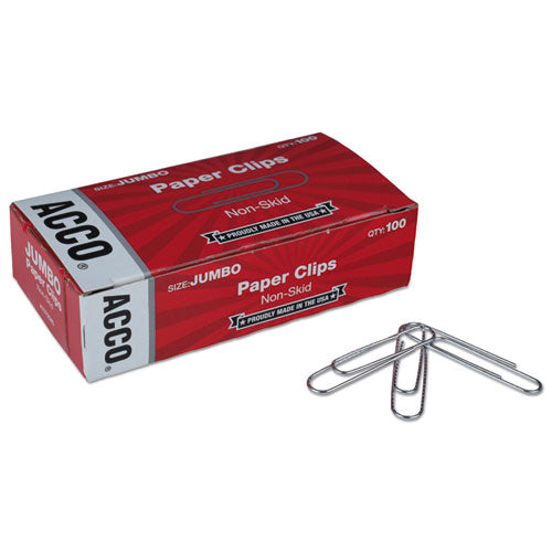 Image of ACCO Paper Clips, Jumbo, Nonskid, Silver, 100 Clips/Box, 10 Boxes/Pack