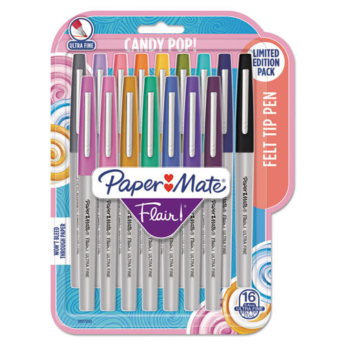 Image of Paper Mate® Flair Felt Tip Porous Point Pen, Stick, Extra-Fine 0.4 Mm, Assorted Ink Colors, Gray Barrel, 16/pack