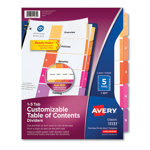Image of Avery® Customizable TOC Ready Index Multicolor Tab Dividers, 5-Tab, 1 to 5, 11 x 8.5, White, Traditional Color Tabs, 1 Set