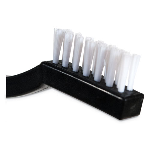 Image of Carlisle Flo-Pac Utility Toothbrush Style Maintenance Brush, White Nylon Bristles, 7.25" Brush, 7" Black Polypropylene Handle