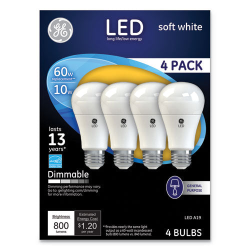 Image of GE Led Soft White A19 Dimmable Light Bulb, 10 W, 4/pack