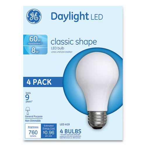 Image of GE Classic LED Non-Dim A19 Light Bulb, 8 W, Daylight, 4/Pack