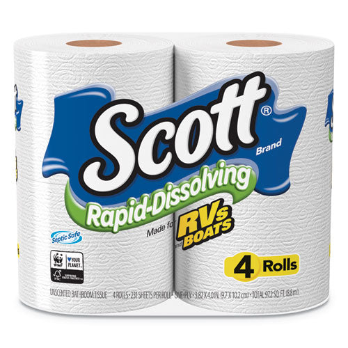 Image of Scott® Rapid-Dissolving Toilet Paper, Bath Tissue, Septic Safe, 1-Ply, White, 231 Sheets/roll, 4/rolls/pack, 12 Packs/carton