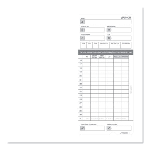 Image of uPunch Time Clock Cards For Upunch Hn2000/hn4000/hn4600, Two Sides, 7.5 X 3.5, 100/pack